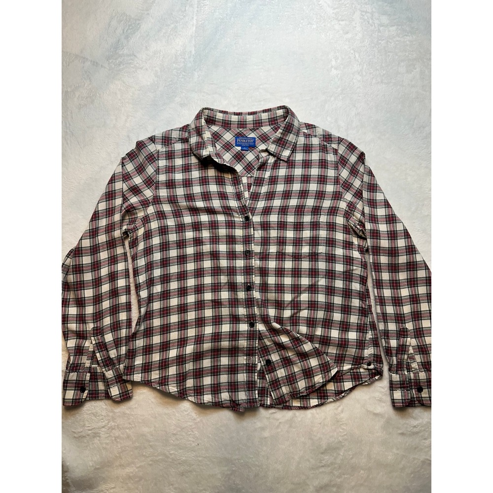 Pendleton Womens Large Petite Red White Plaid Cotton Button Down Shirt L P - 213